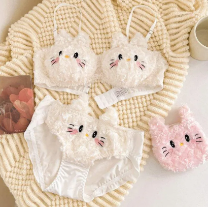 Fluffy Cat Cartoon Plush Bra Panty Set Women Cute Seamless Push Up Comfortable Lingerie
