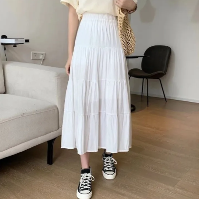 Women Cotton Long Skirt Vintage High Waist Elastic A-Line Spring Summer Skirt (38/39 Inch)