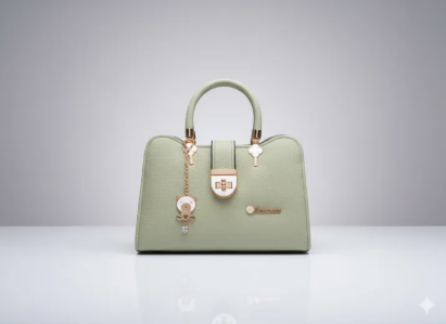 Soft Leather Women’s Office Tote Bag Cute Handbag with Metallic Lock & Bear Charm